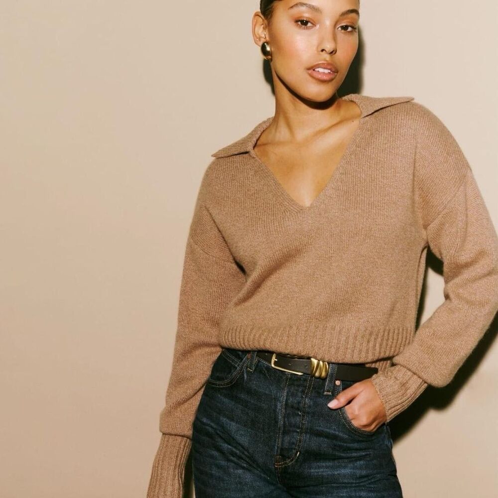 Reformation Beckie Cashmere Collared Sweater Camel Brown Size S Soft Knit